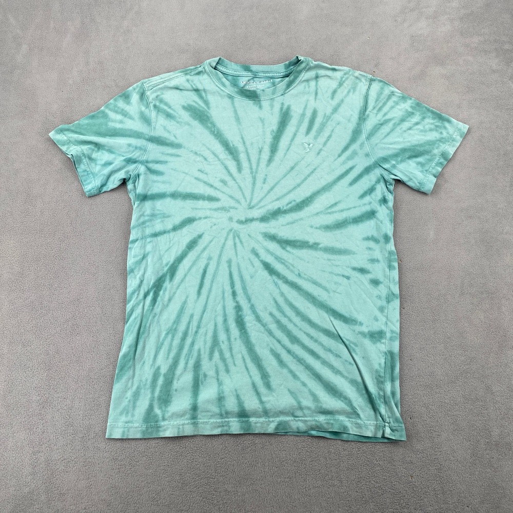 American Eagle Mens XS Super Soft Tie Dye T-Shirt Green Teal Spiral Cotton Logo